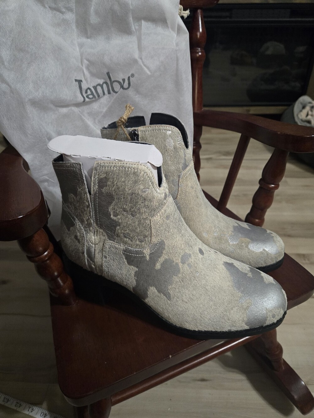 Jambu Vanda Calf Hair Silver Low Block Heel Ankle Booties